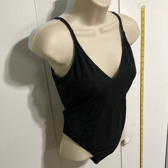 LEITH Black Textured One Piece Swimsuit V Neck Plunge Back Womens Medium - Picture 5 of 13